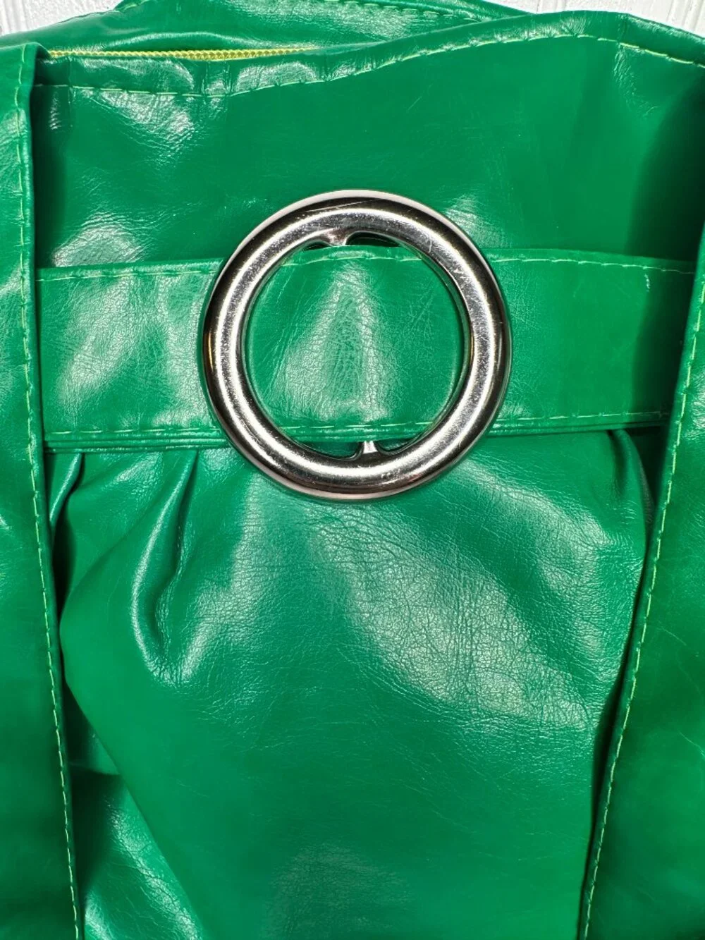 Green Faux Leather Hobo Handbag Silver Ring Hardware Detail