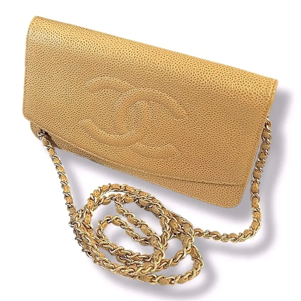 CHANEL AUTH Tan Leather Cavier Shoulder or Crossbody Bag with Gold Chain