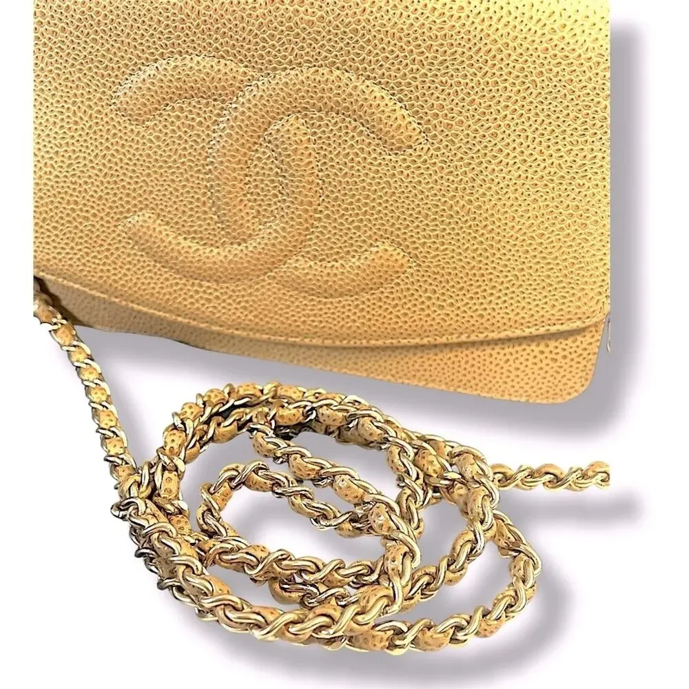 CHANEL AUTH Tan Leather Cavier Shoulder or Crossbody Bag with Gold Chain