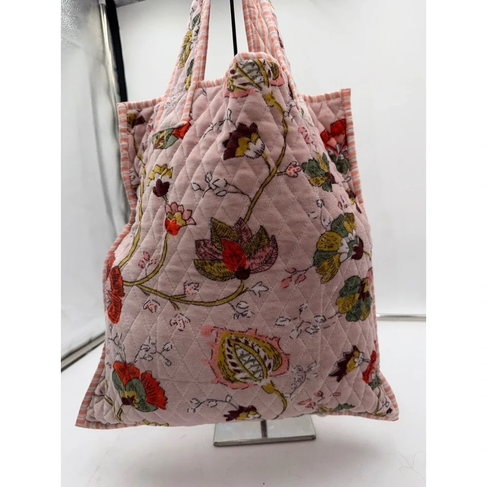 POL Pink Floral Hand Block Print Quilted Velvet Tote Bag Cotton Striped Lining