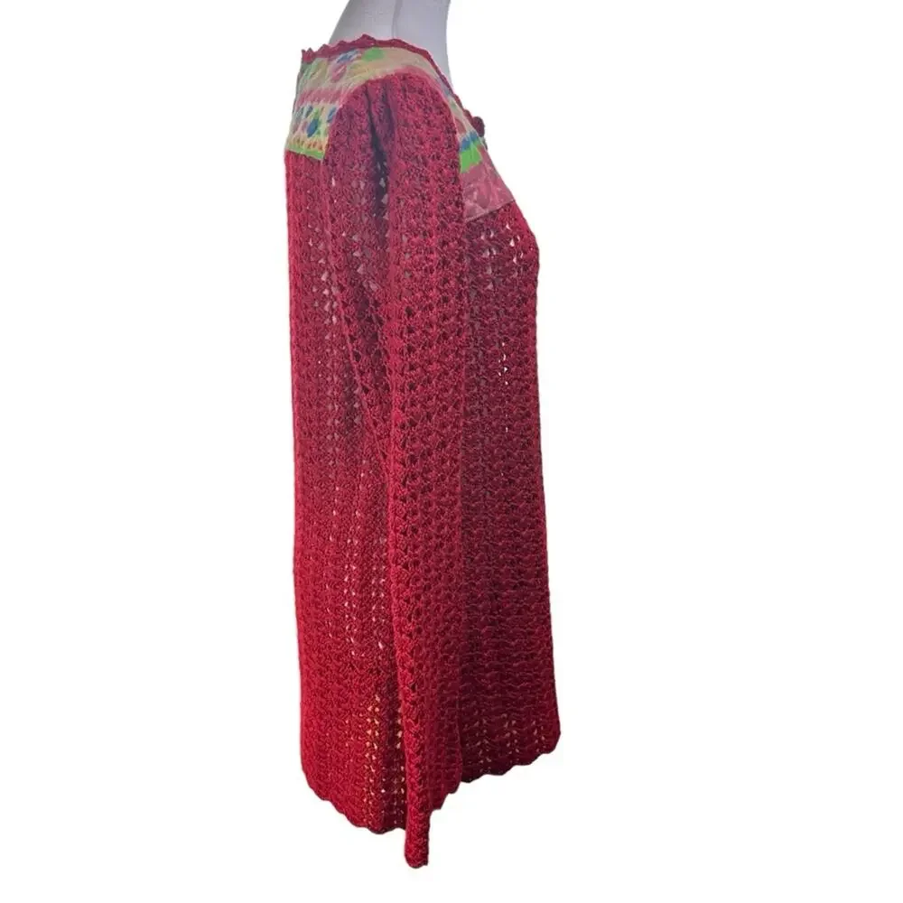 Free People Crochet Quilted Floral Sweater Red Boho Artsy Size Medium
