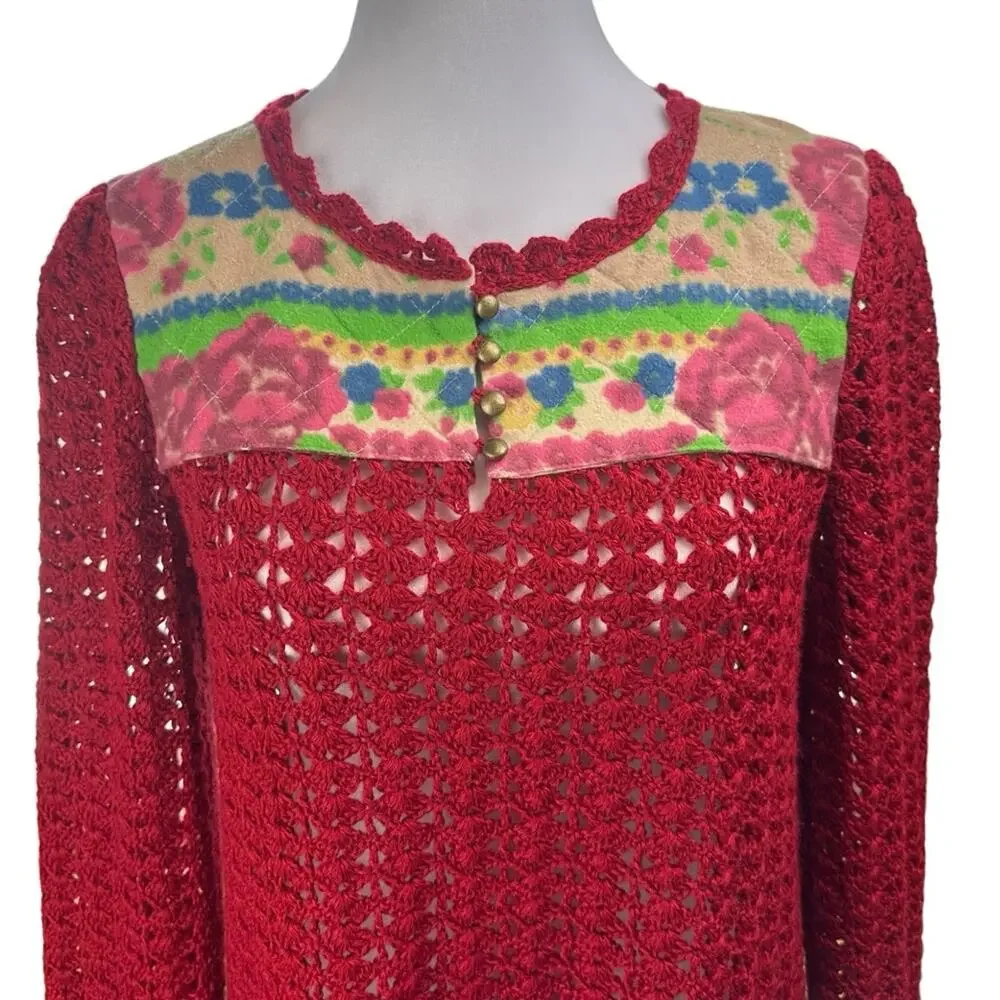 Free People Crochet Quilted Floral Sweater Red Boho Artsy Size Medium