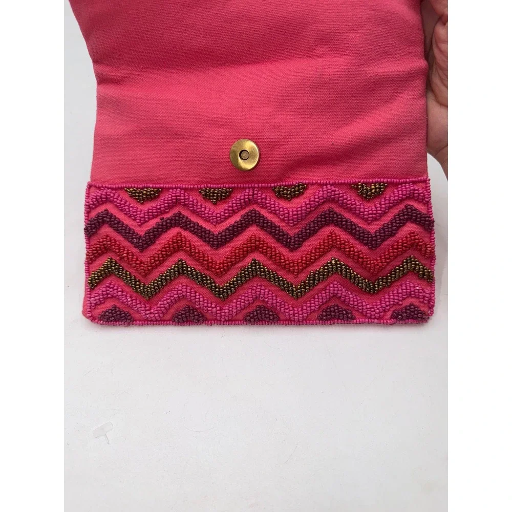 Charlie Paige Pink Beaded Chevron Foldover Clutch Bag Bohemian Cotton Canvas