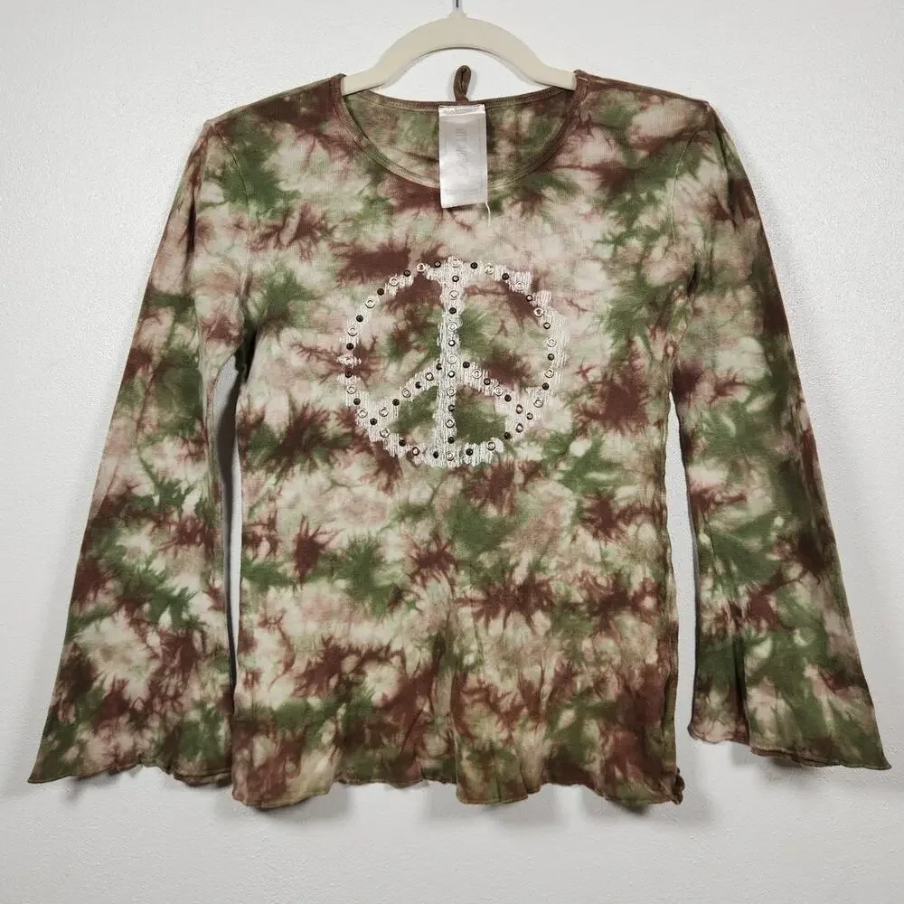 Vintage Knit Works Tie Dye Long Sleeve Peace Sign Shirt Top Boho Hippie
