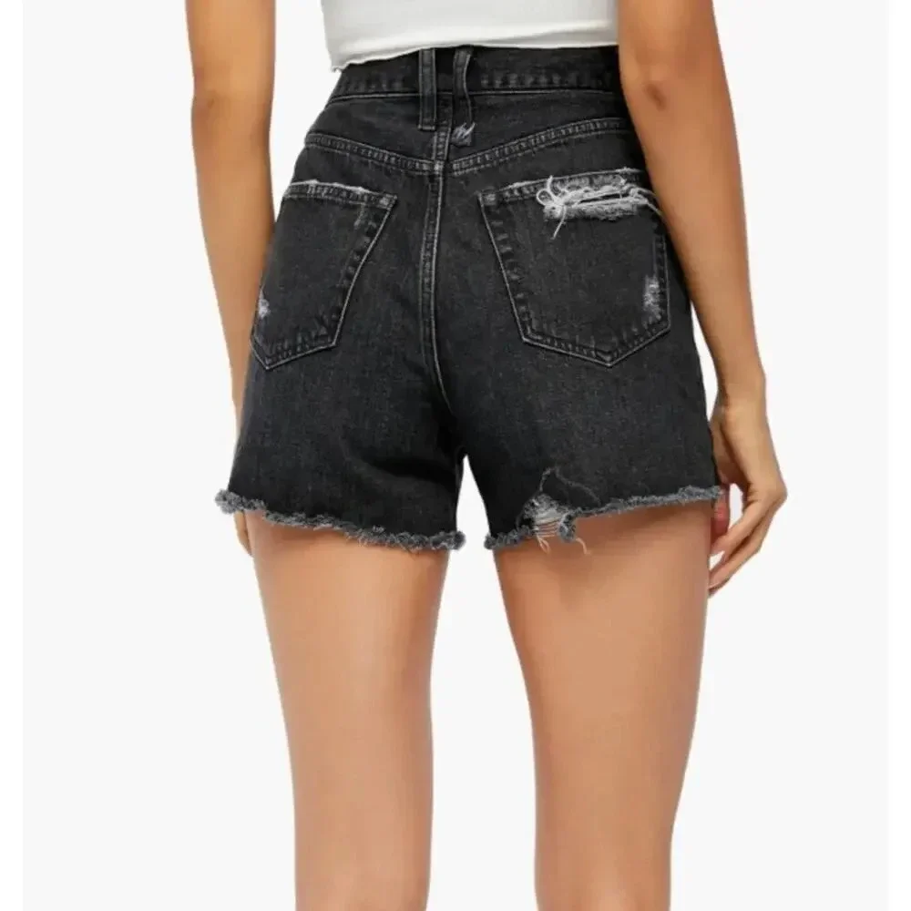 NEW Free People Women Size 27 Black Button Fly Makai Distressed Denim Shorts NWT