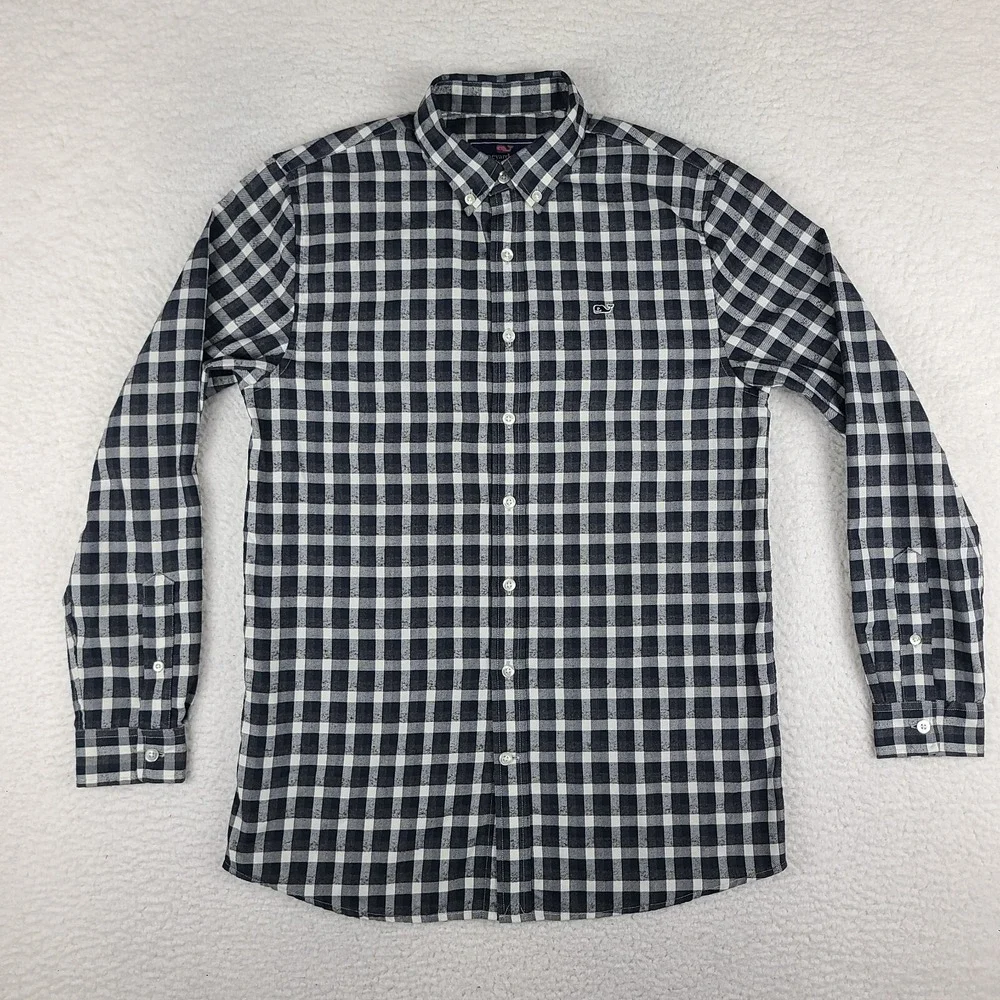 Vineyard‎ Vines Whale Shirt Boys XL (18) Black Gray Plaid Dress Button Down