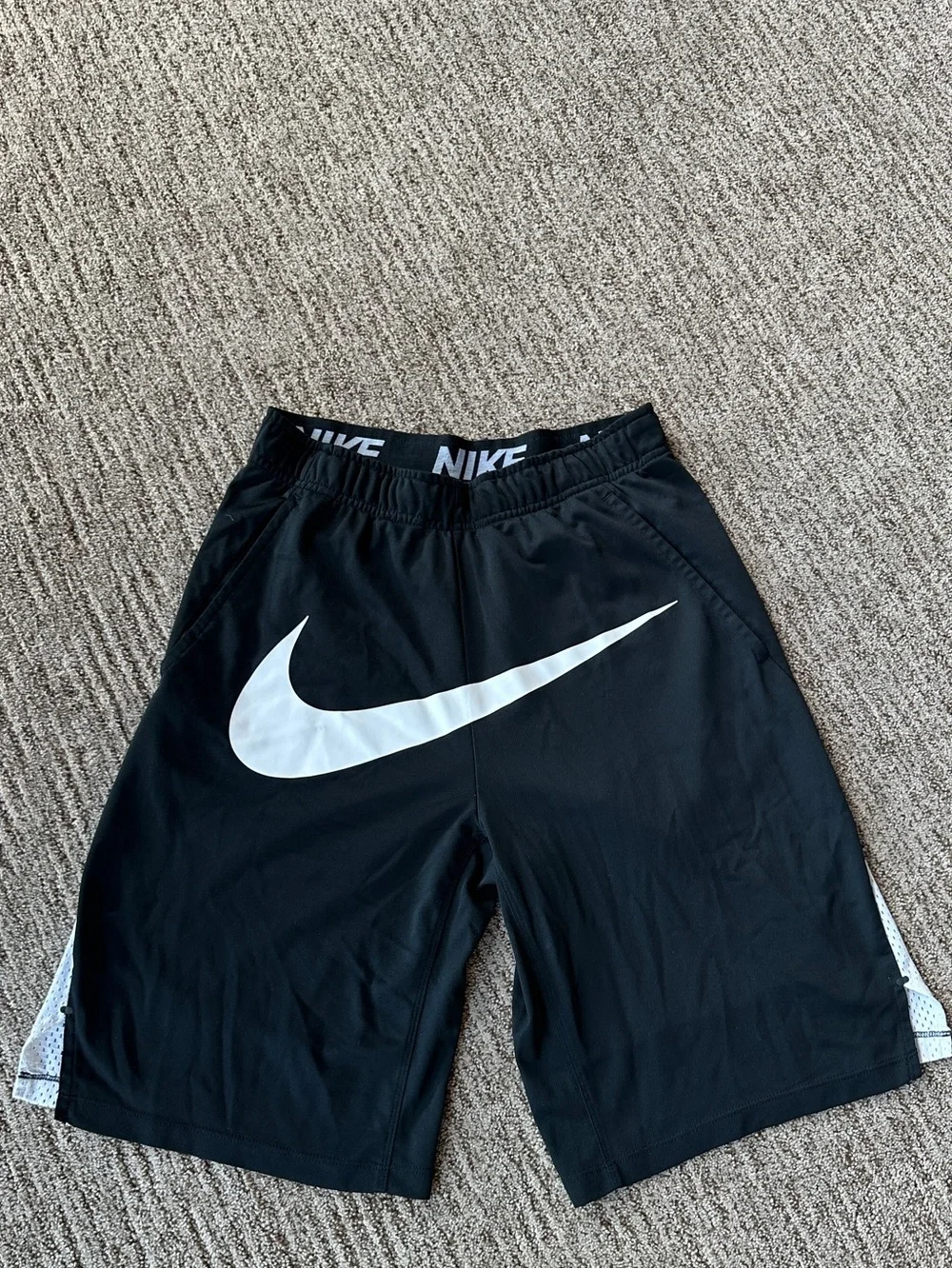 Rare Men's Black Athletic Shorts with White Swoosh