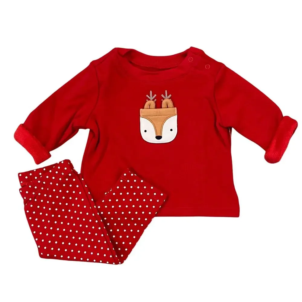 NWT GAP Baby Red W/Cozy Pocket Deer Applique Top & Red Dot Leggings - SIZE 3-6M