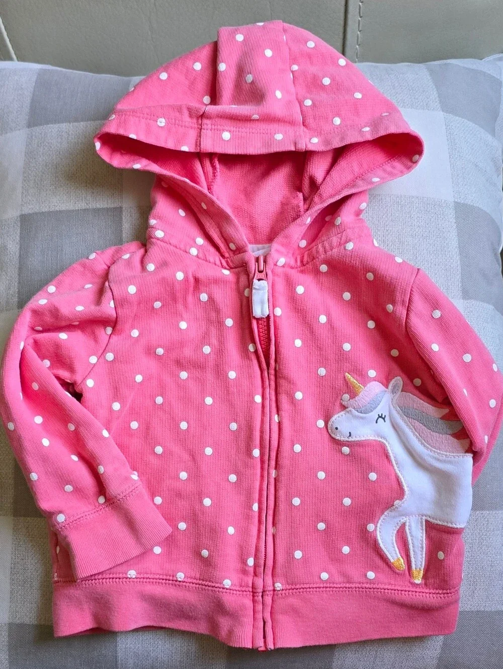 Carter's Baby Girl Pink Unicorn Full Zip Hoodie White Polka Dots 9 Months
