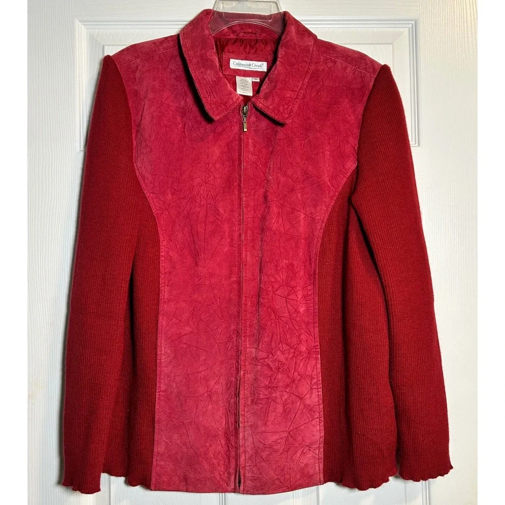 Coldwater Creek Red Leather‎ Suede Knit Zip Front Jacket Women 1X
