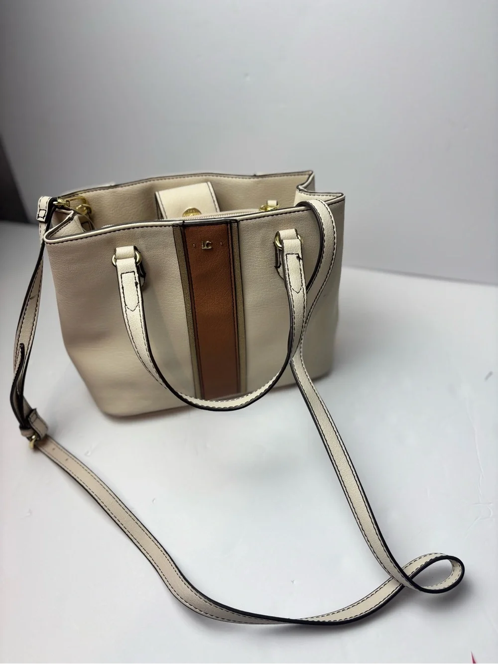 Liz Claiborne Cream Tote with Brown Center Stripe
