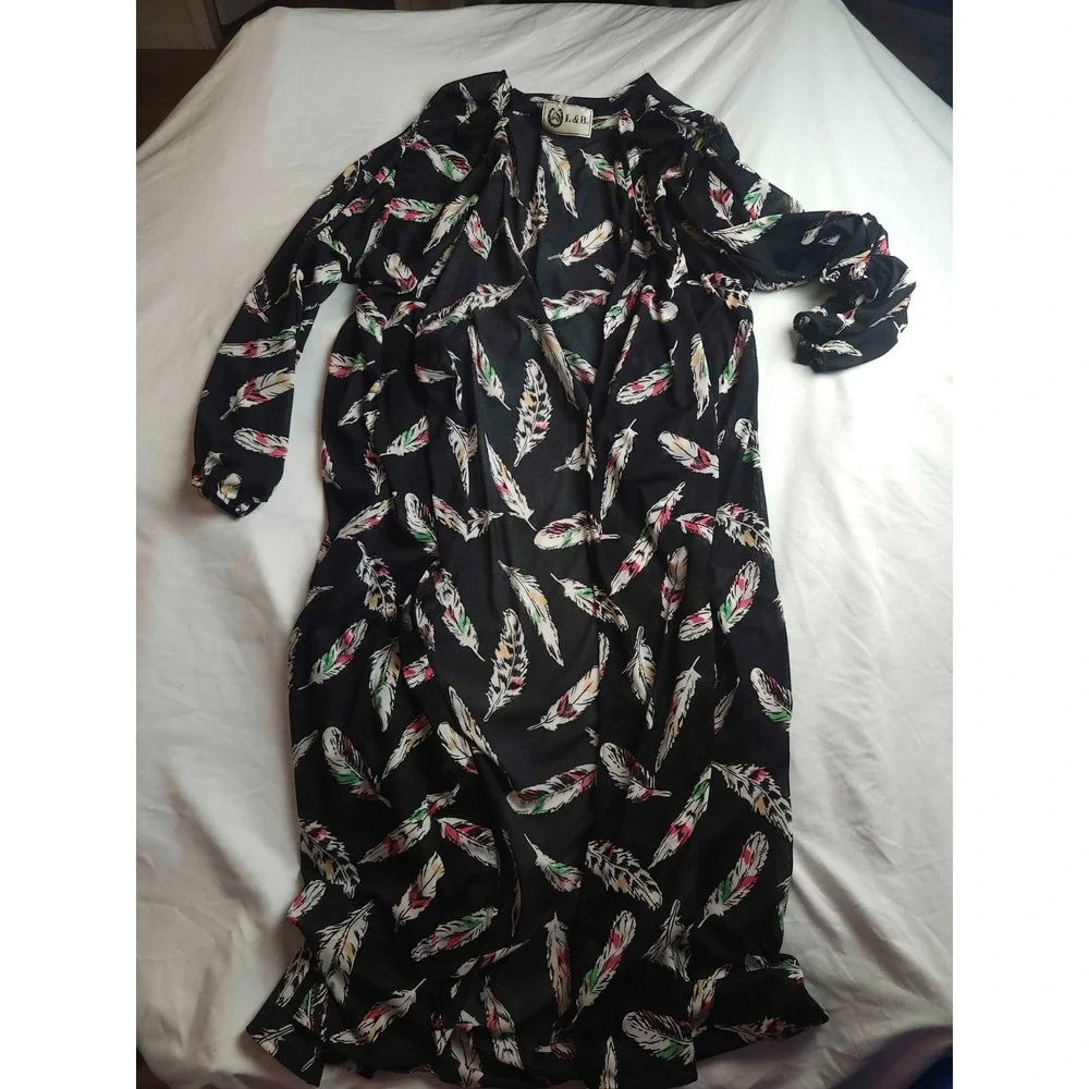 L&B Beach‎ Cover Up Womens Size XL Black Feather Print Sheer Duster Open Front
