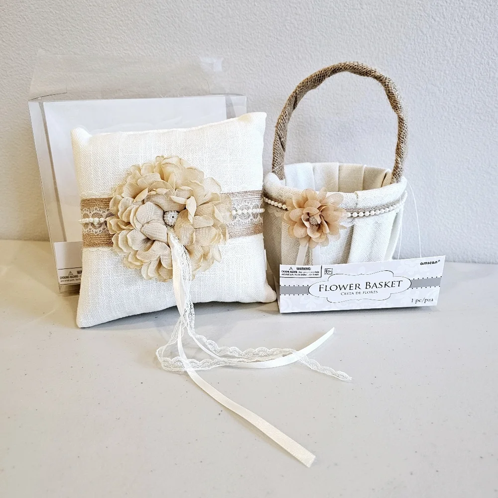 Wedding Flower Girl Basket and Ring Bearer Pillow Rustic