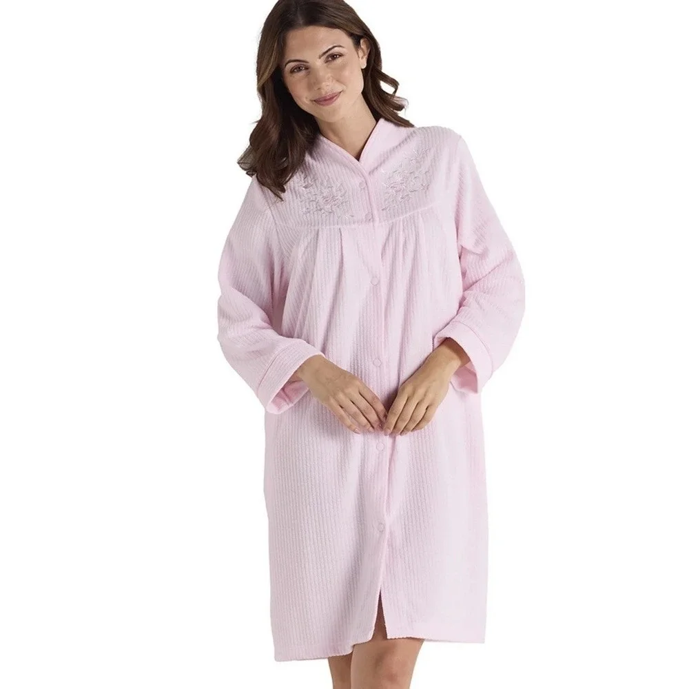 NWT Miss Elaine Brushed Back‎ TERRY Snap House Dress Lounge Robe Pink L Petite