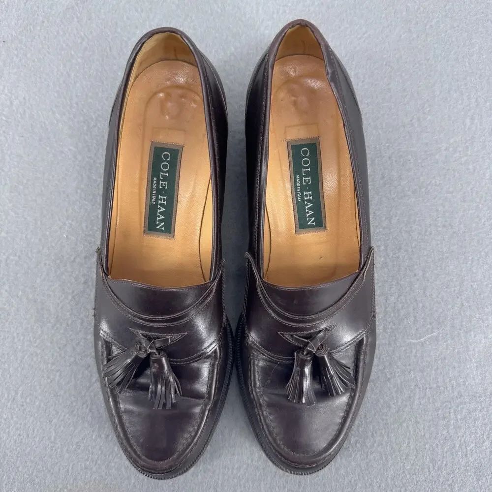 Cole Haan Tassel Loafer‎ Pumps Womens 8 B Brown Block Heels Made In Italy F8920