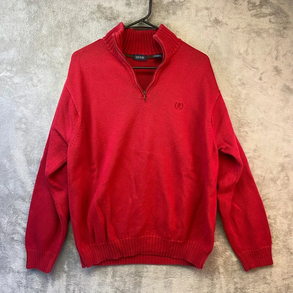 Izod Mens Quarter Zip Pullover Sweater Red Cotton Long Sleeve Size L