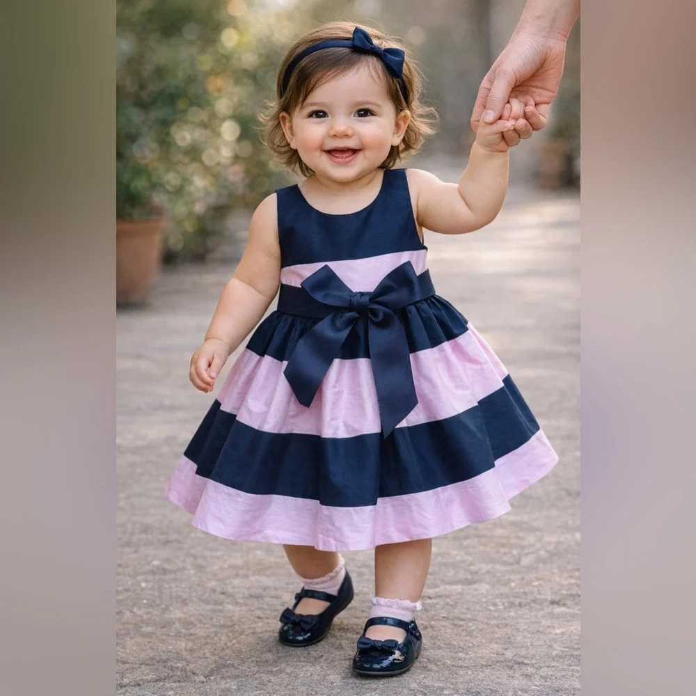 Ralph Lauren Baby Girl Navy Pink Stripe Dress | Size 18M