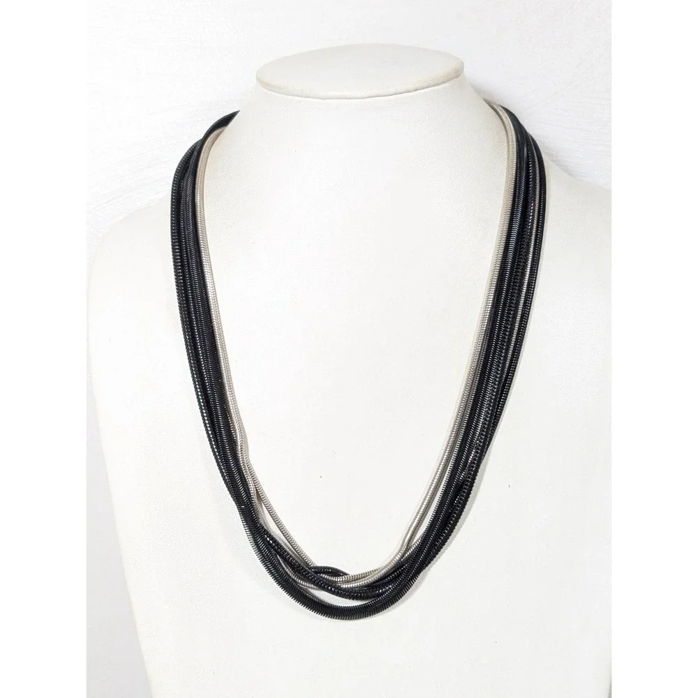 Black Multi‎ Chain Necklace Silver Tone Accent Long 24