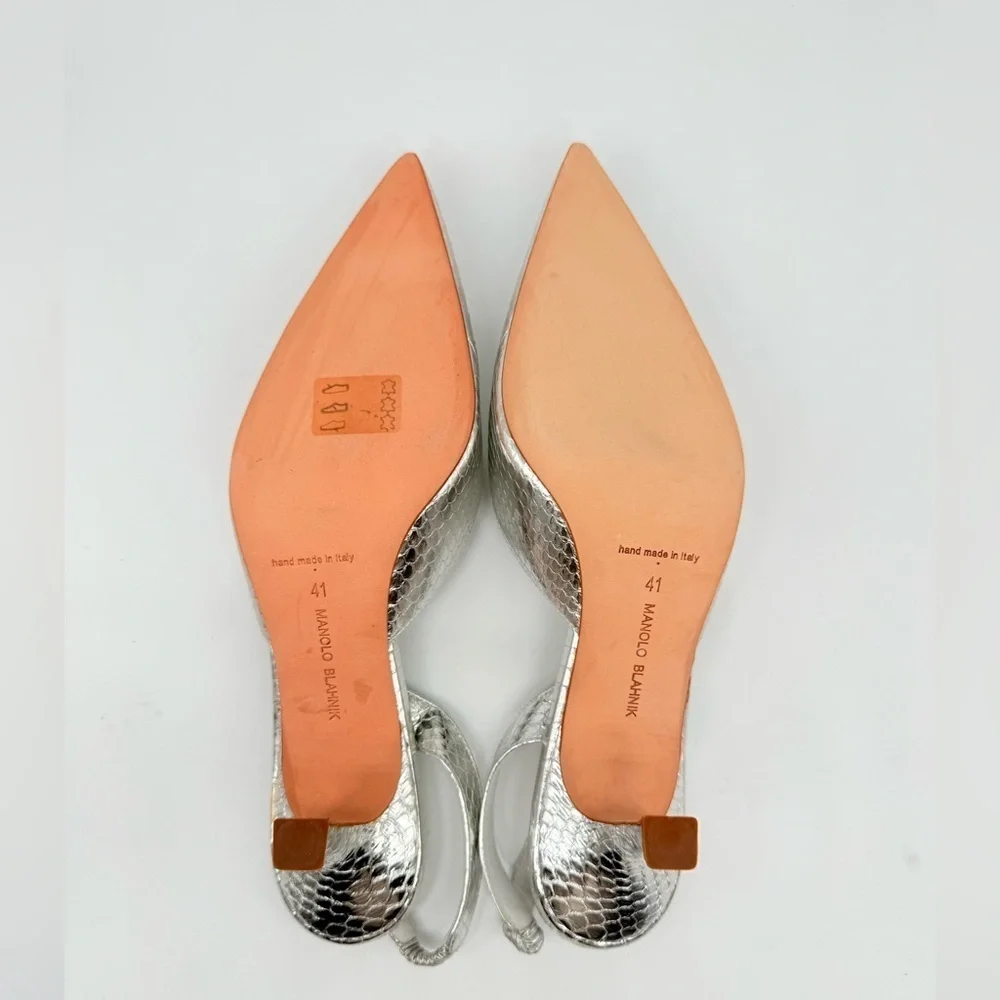 Manolo Blahnik Metallic  silver Snakeskin Carolyne 50mm slingback pumps EU 41