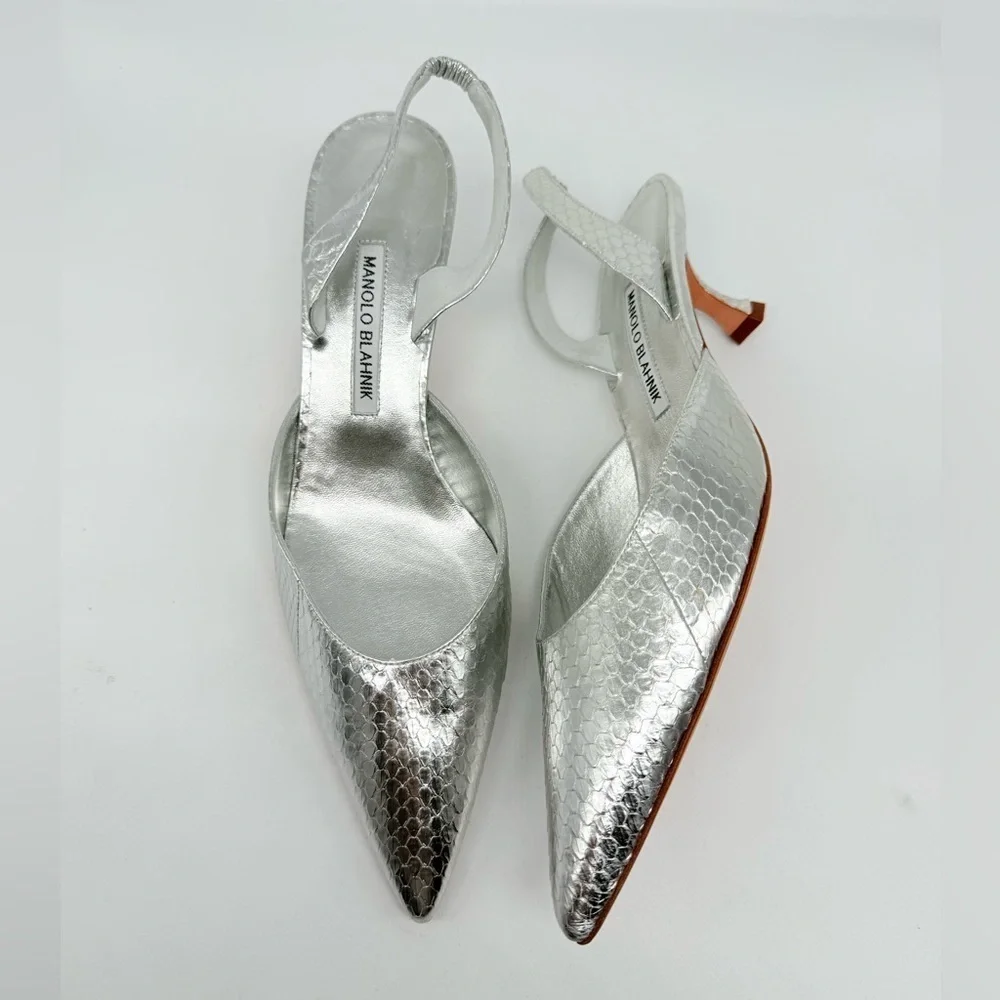 Manolo Blahnik Metallic  silver Snakeskin Carolyne 50mm slingback pumps EU 41