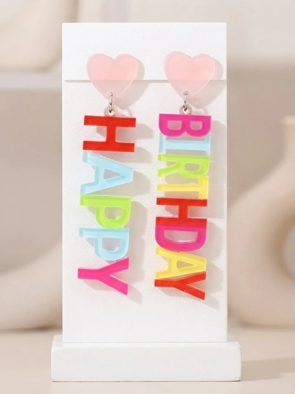 Colorful 'Happy Birthday' Acrylic Dangle Earrings with Pink Heart Studs