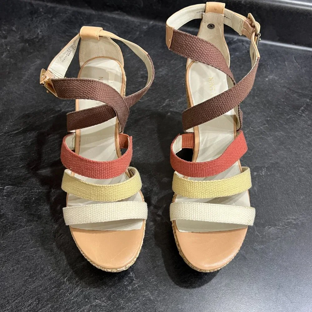 Nine West Espadrille Wedge Heel 9 Brown Pink Yellow White Strap Boho Chic Summer