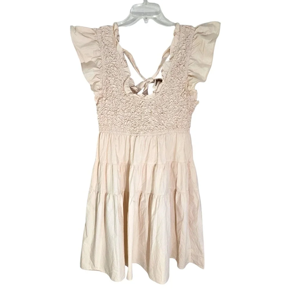 En‎ Saison Matisse Flutter Sleeve Smocked Tiered Mini Dress Cream L