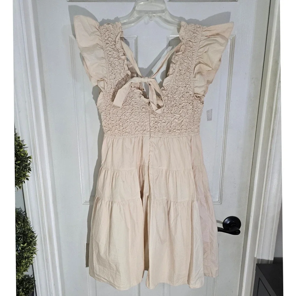 En‎ Saison Matisse Flutter Sleeve Smocked Tiered Mini Dress Cream L