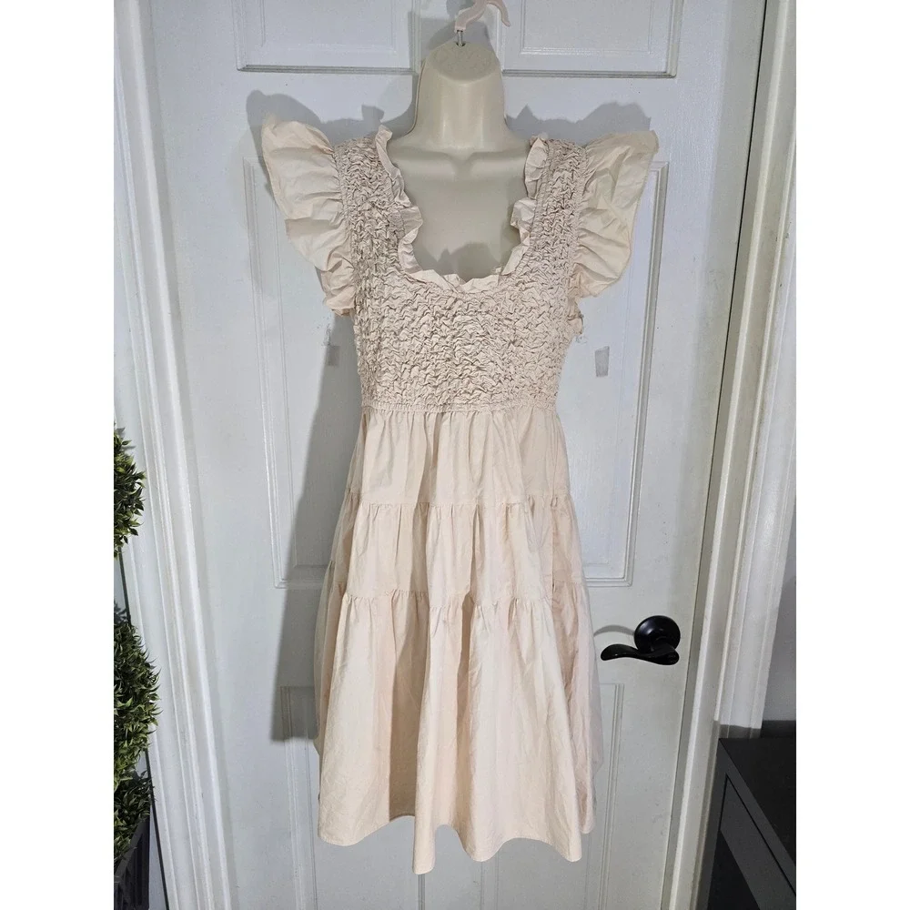 En‎ Saison Matisse Flutter Sleeve Smocked Tiered Mini Dress Cream L