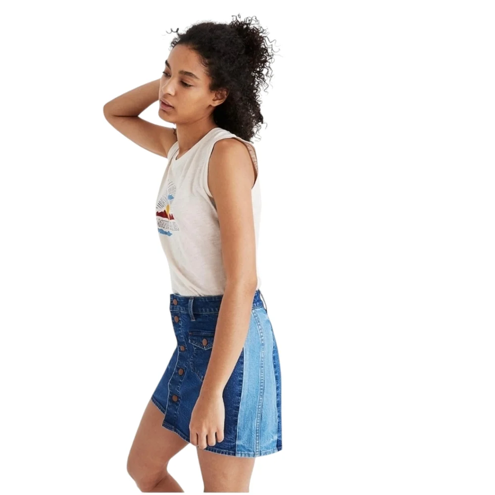 Madewell Blue Lorena Wash Stretch Denim Straight Mini Skirt Flap Pockets‎