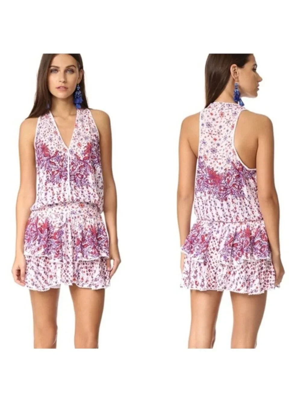 Poupette St. Barth Jolie Tiered Mini Dress White Purple Pink Floral Medium