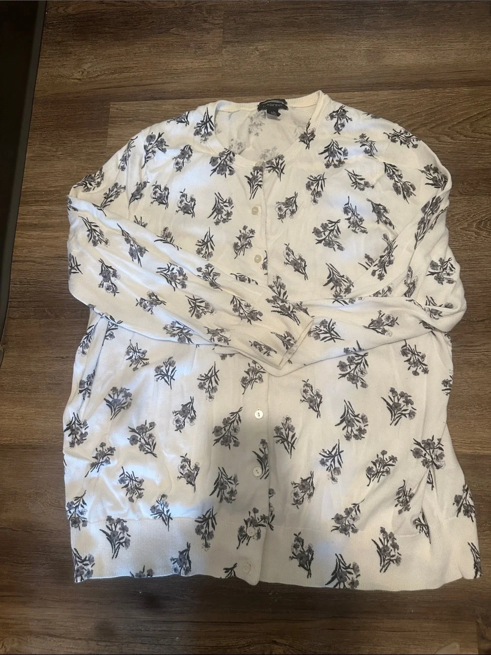Lands' End White Cardigan with Gray Floral Print