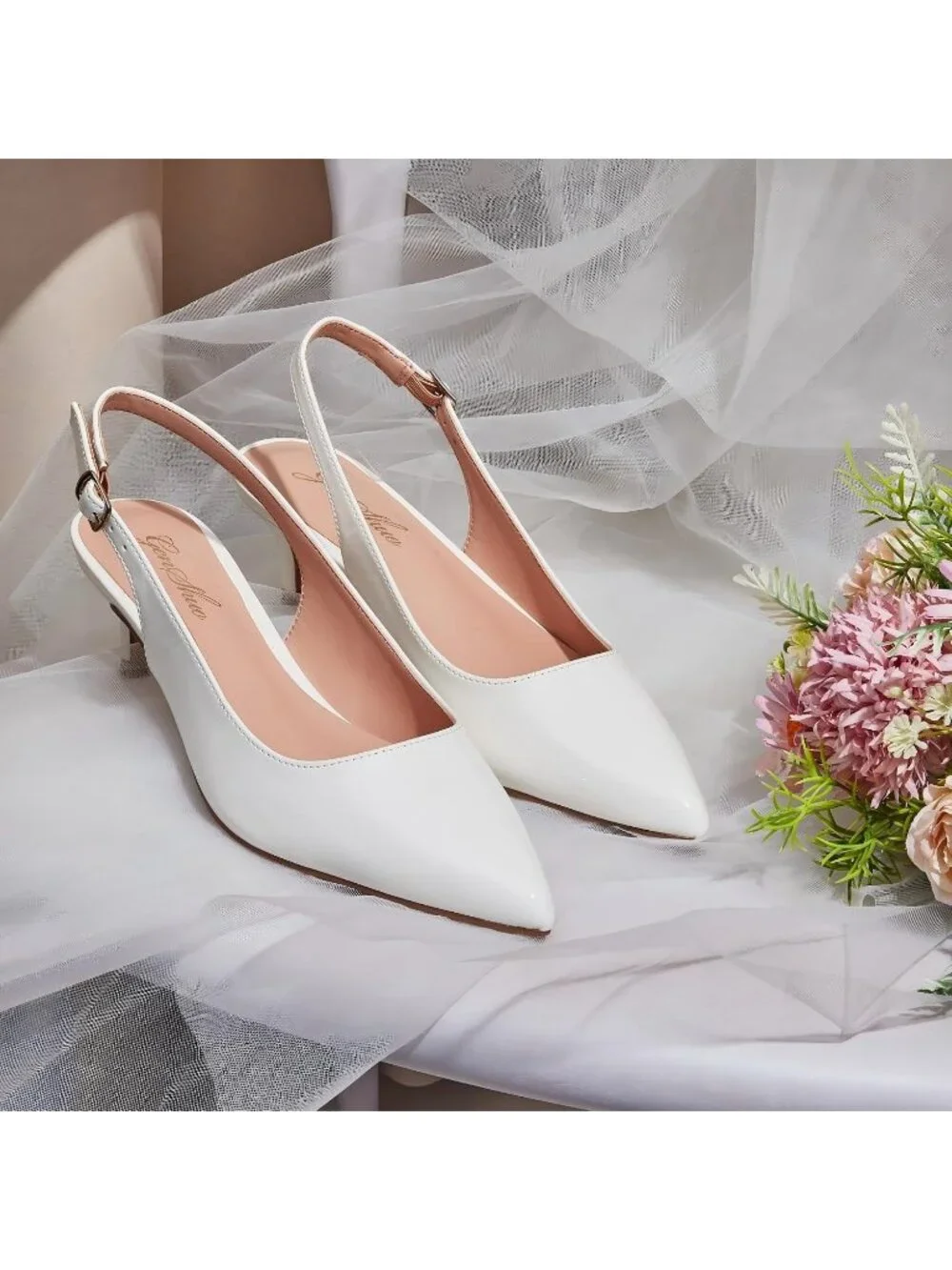 Women's White Leather Patent Slingback Pump Closed Toe Low Kitten Heel Shoes