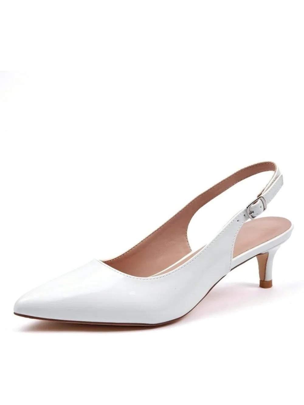 Women's White Leather Patent Slingback Pump Closed Toe Low Kitten Heel Shoes
