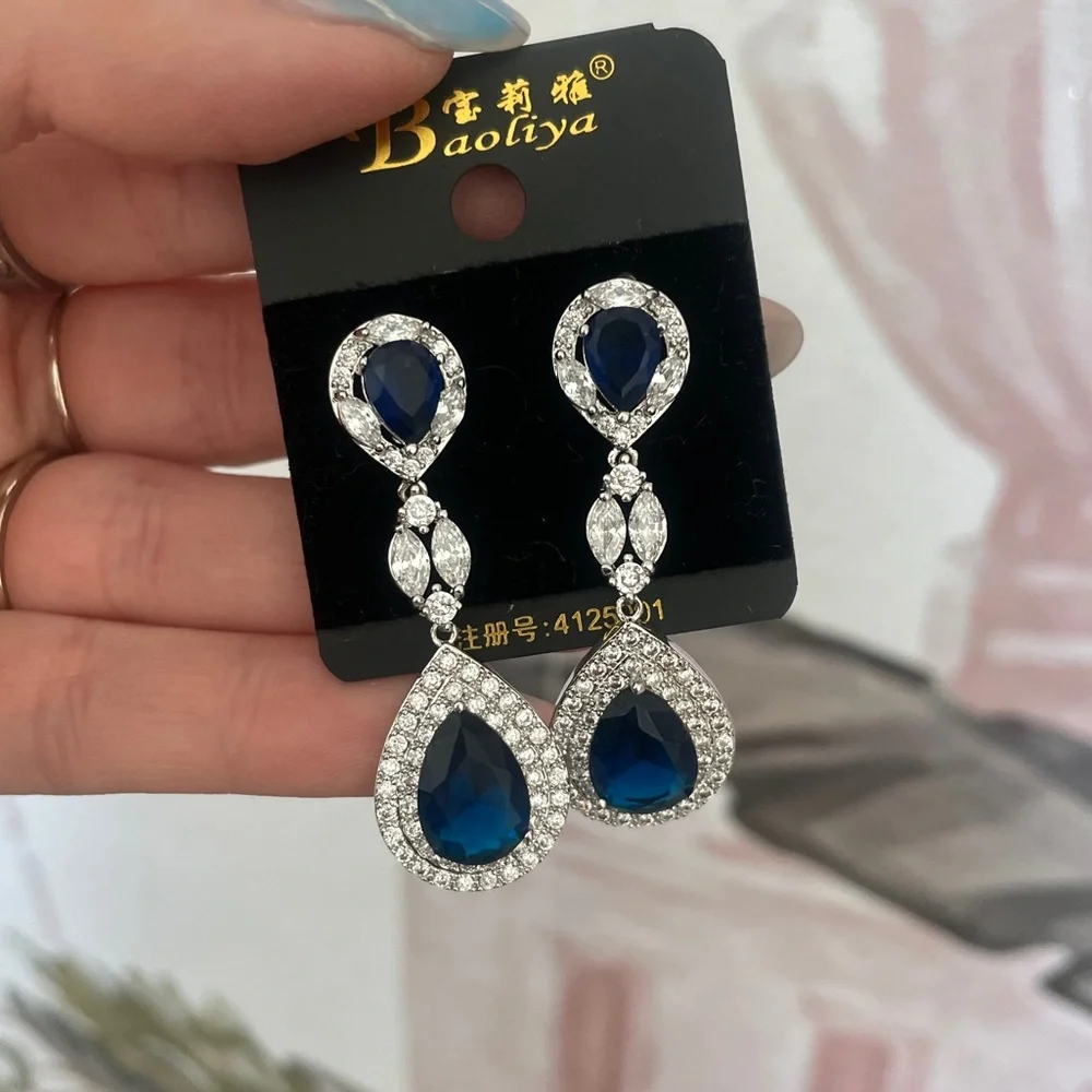 NWT Baoliya Blue dangle silver earrings with cubic zirconia stones