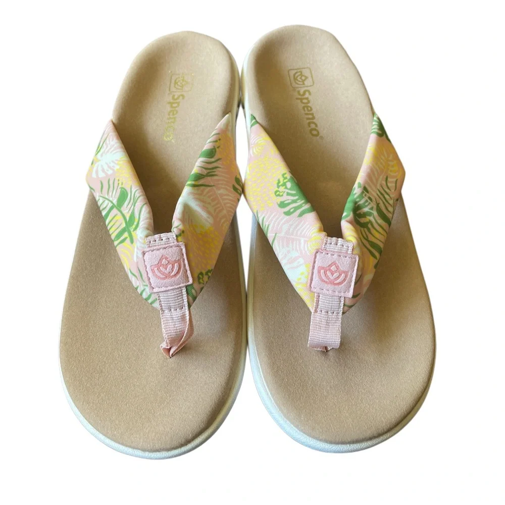 Spenco Yumi Tropical Palm‎ Print Orthotic Thong Sandals Pink Green Mens 10