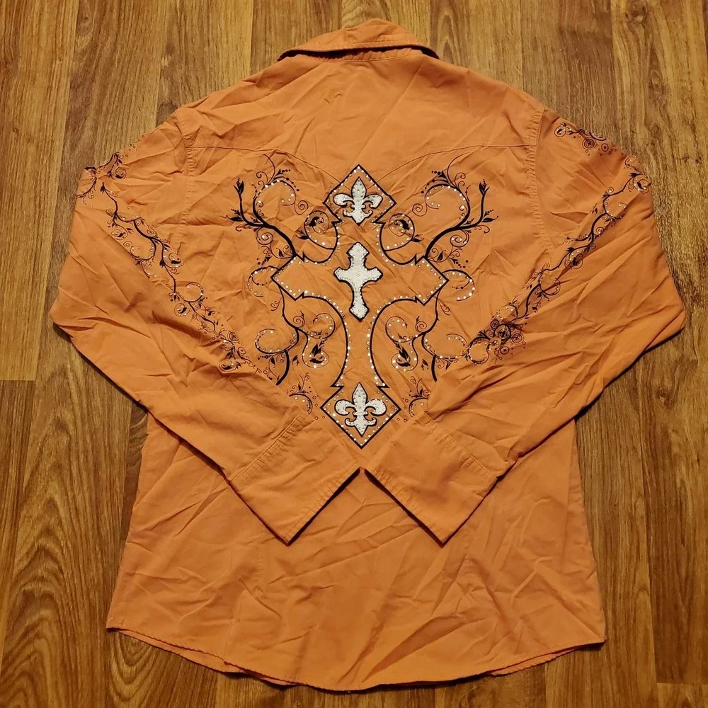Vintage 90s El General Western‎ Shirt Men Medium Orange Cross Embellished