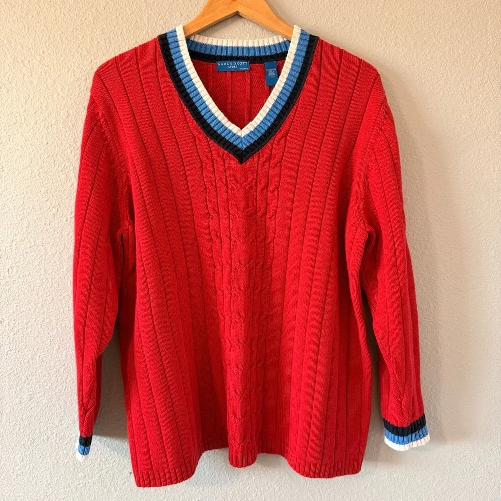 Vintage Karen Scott Sport Red Cotton Cable Knit V-Neck Sweater Women's Size 1X