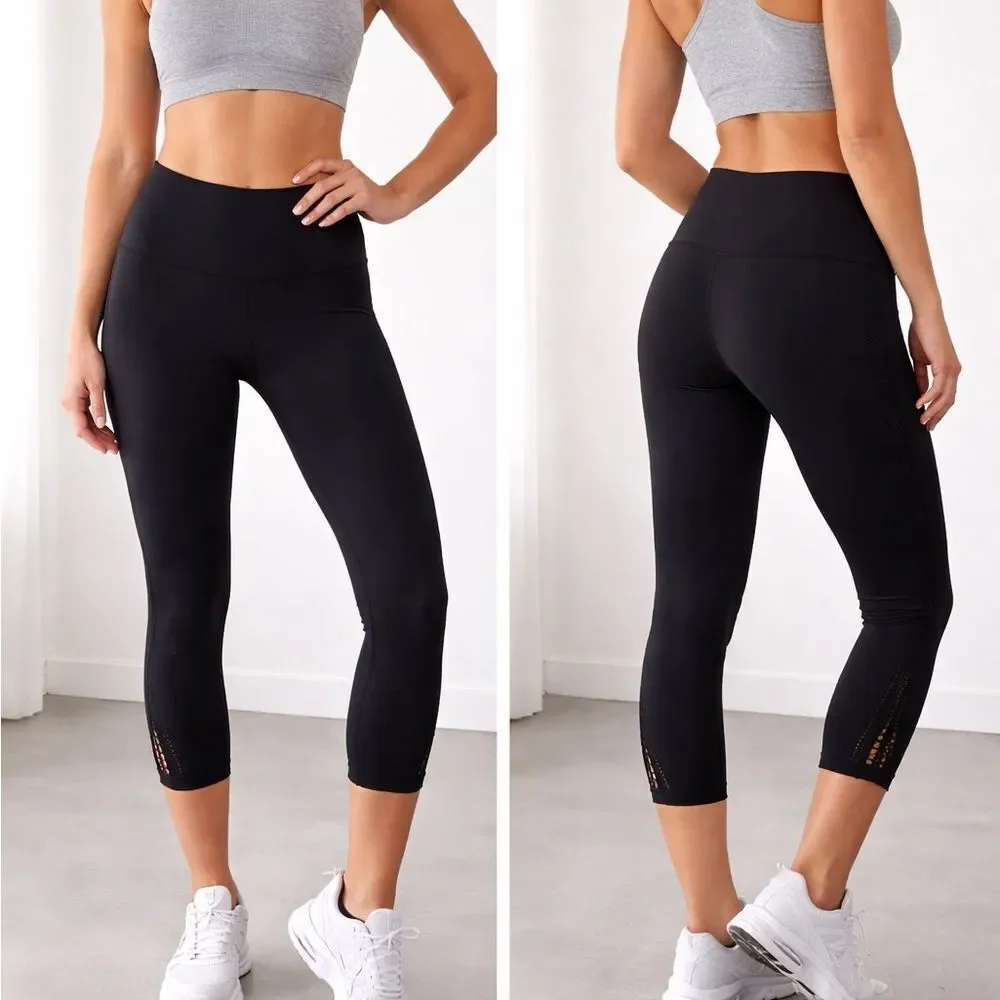 Lululemon Black Cropped Leggings Size 4 Laser Cut Hem Yoga Pants