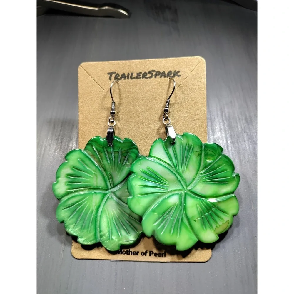 TrailerSpark Green Mother of Pearl Hibiscus Flower Carved Dangle Earrings