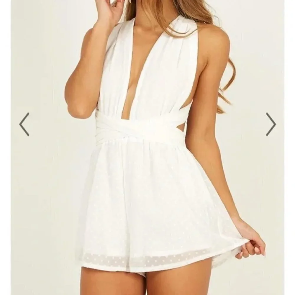 Showpo Size 2 California Sunset White Swiss Dot Criss Cross Back Playsuit