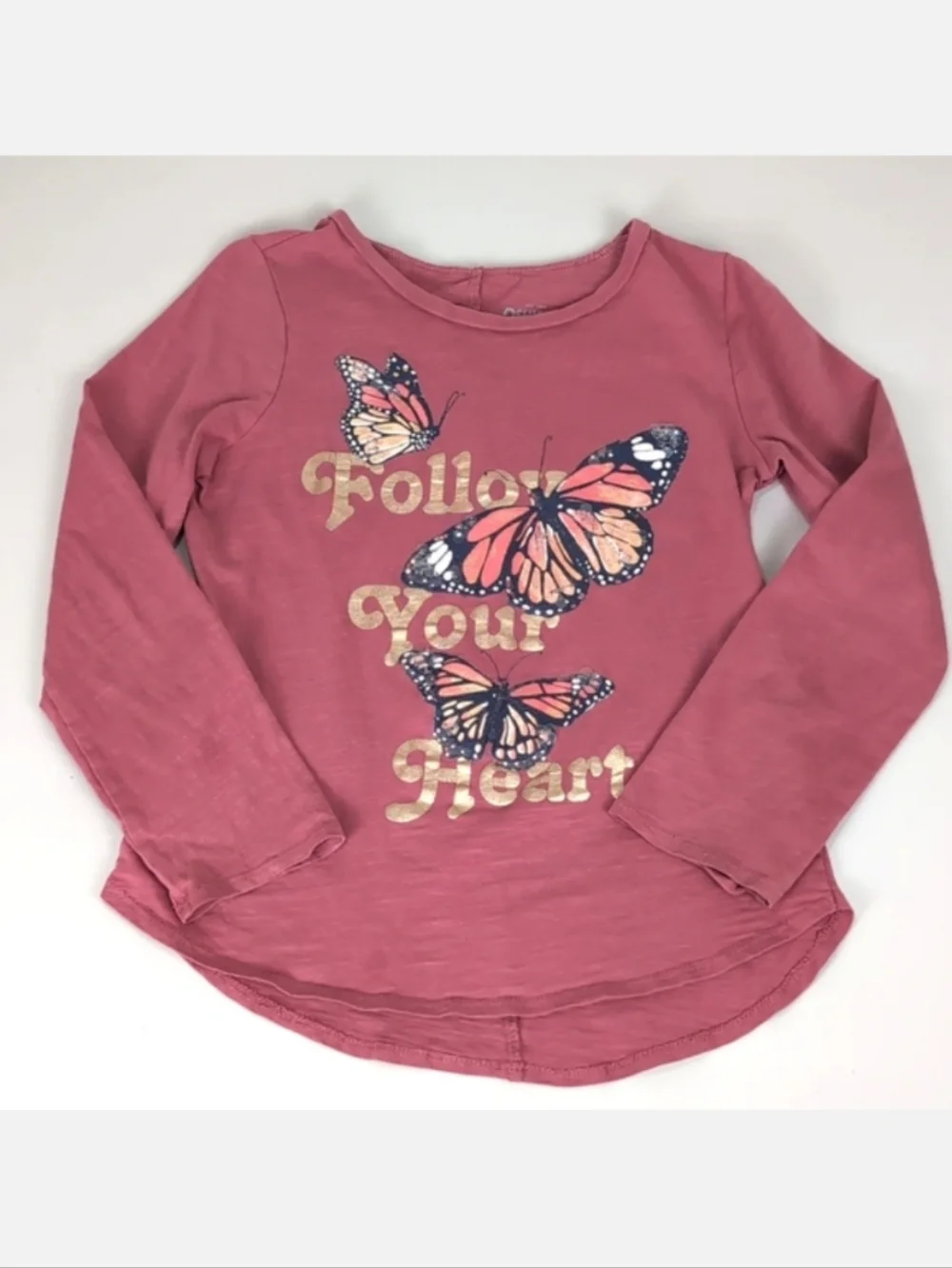 Oshkosh Heart Long Sleeve Tshirt Gold Butterfly Sequin Girls Size 8 Top