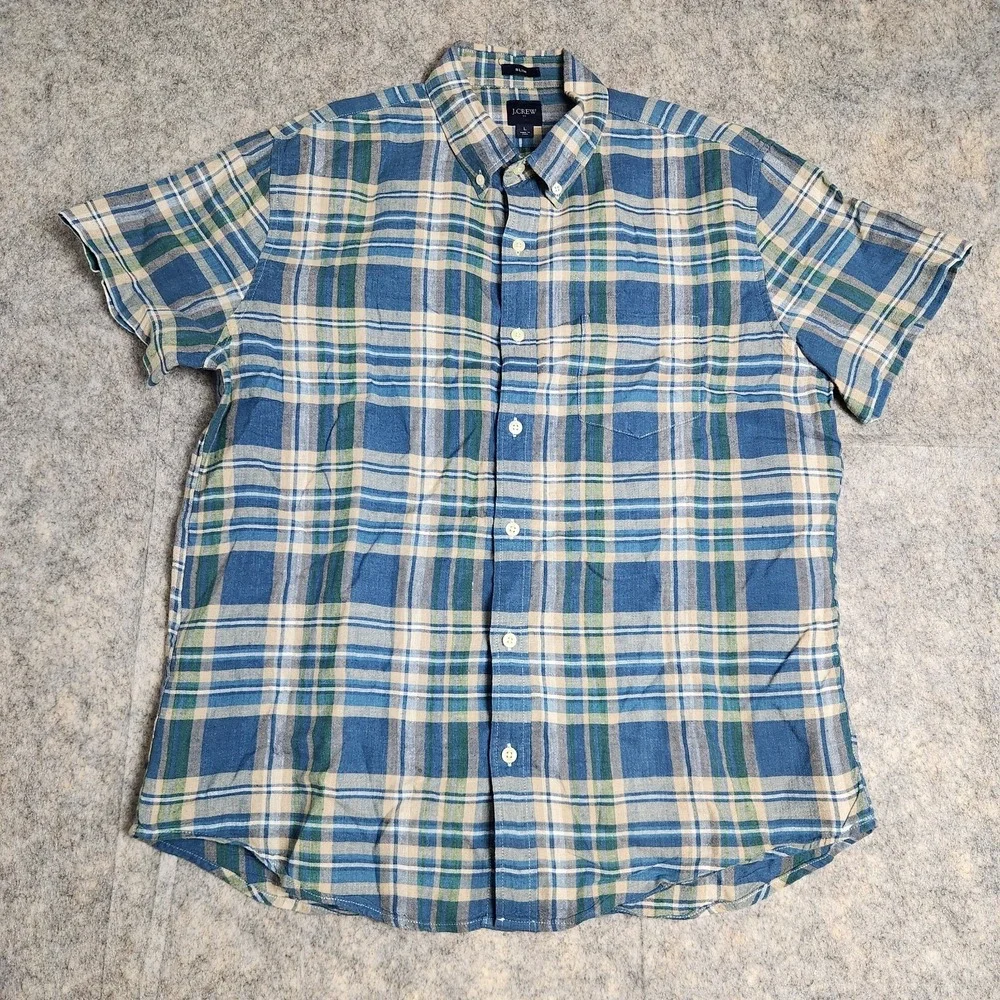 J‎ Crew Linen Blend Shirt Men L Blue Multicolor Scotch Plaid Slim Fit Preppy