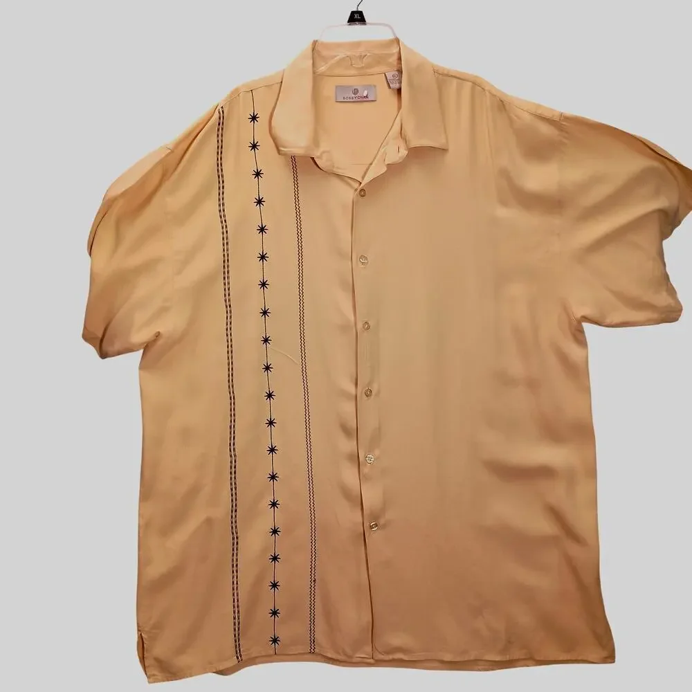 Bobby Chan Yellow Short Sleeve Camp Shirt Silk & Bamboo with Black Trim Size XL