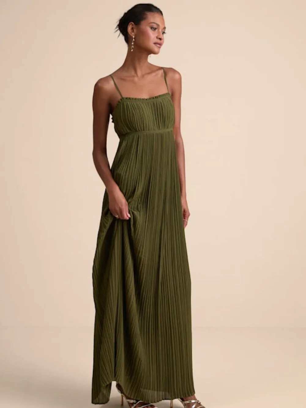 Lulus Delina Olive Plisse Chiffon Tie-back Maxi Dress Green - Size XS