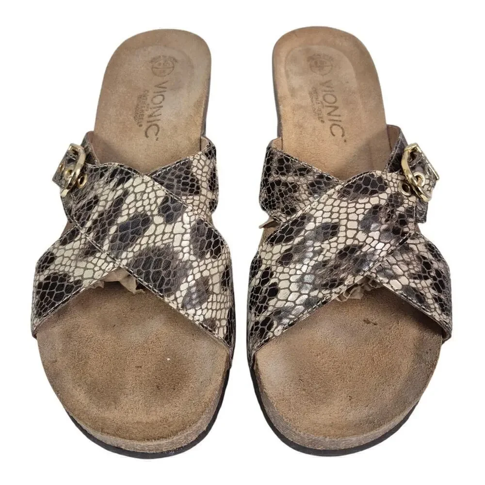Vionic Orthaheel Danette Cork Wedge Sandal Snakeskin Crisscross Gold Buckle Sz 8