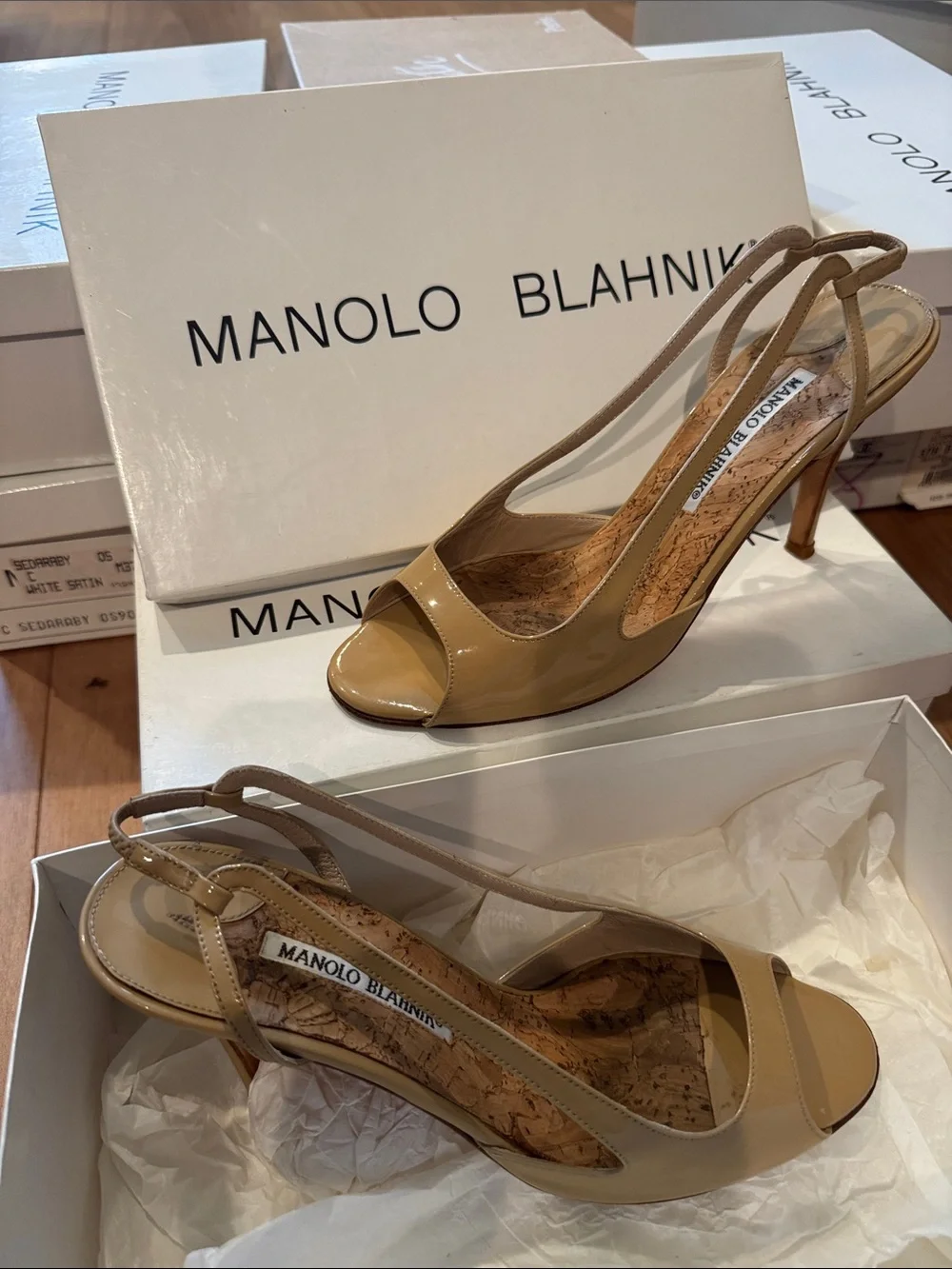 Manolo Blahnik Nude Patent Leather Slingback Peep-Toe Heels