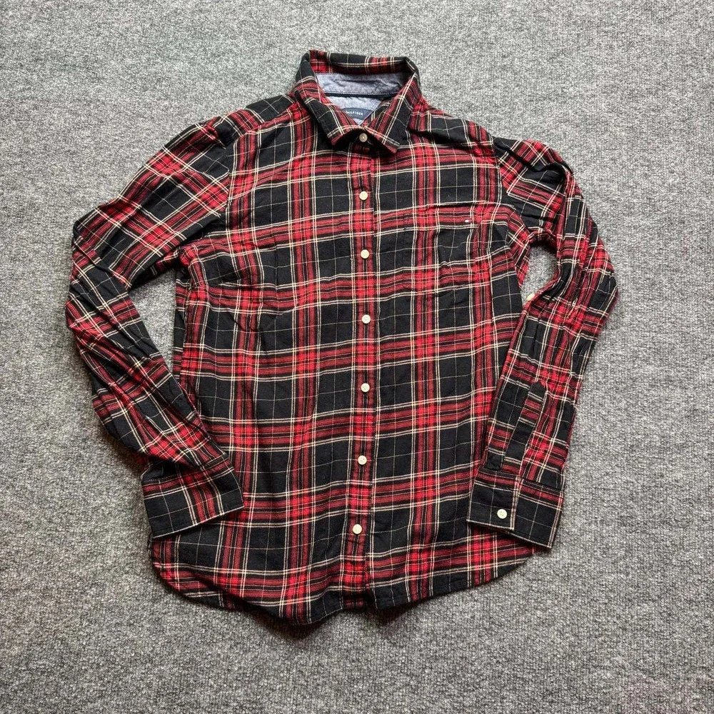 Tommy‎ Hilfiger Flannel Shirt Mens Small Red Black Plaid Button Down Long Sleeve