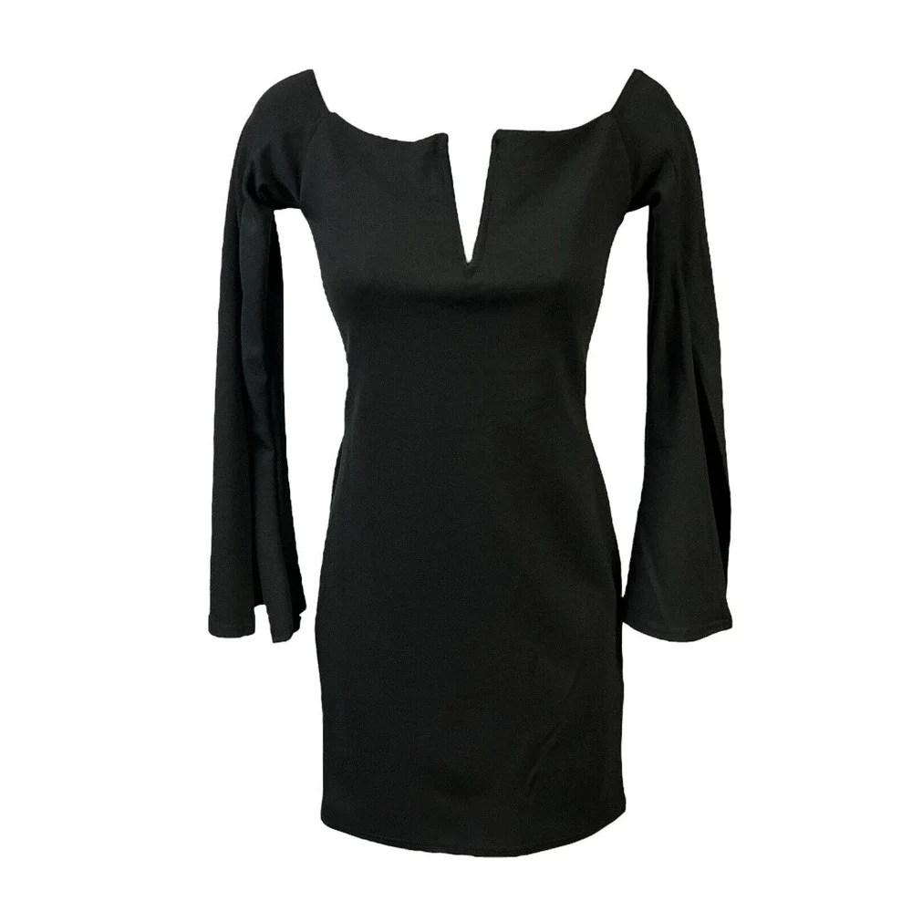 Missguided Mini Dress Size 2 Black‎ Long Sleeve V-Neck Stretch Sexy Bodycon LBD
