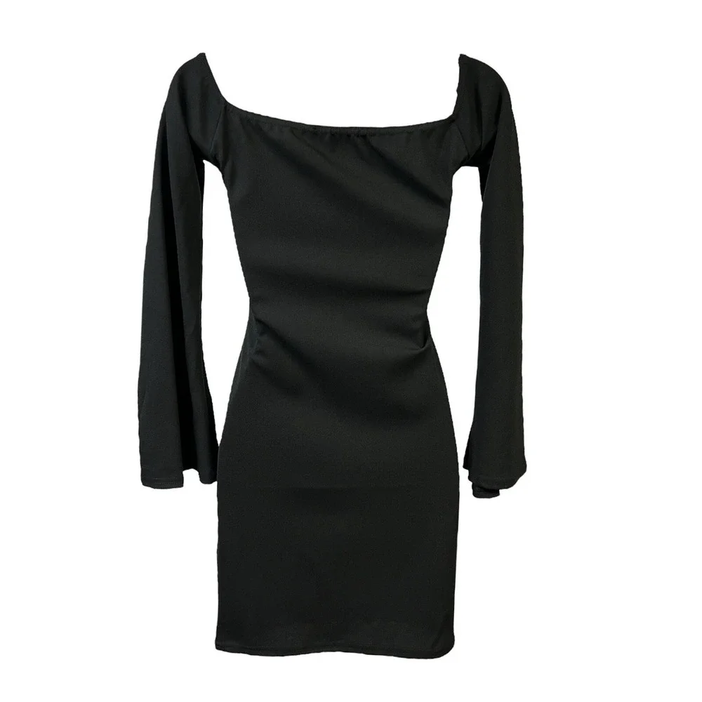 Missguided Mini Dress Size 2 Black‎ Long Sleeve V-Neck Stretch Sexy Bodycon LBD